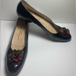 SALVATORE FERRAGAMO Black Leather Women's Shoes with Floral Accent